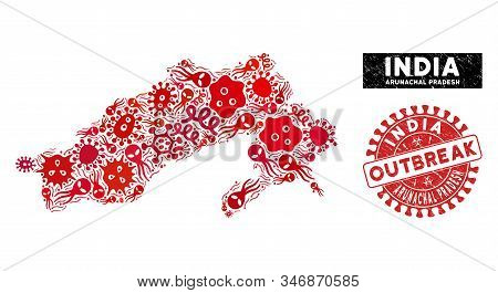 Microbe Collage Arunachal Pradesh State Map And Red Rubber Stamp Seal With Outbreak Phrase. Arunacha
