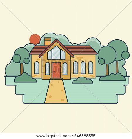 Elegant House In The Middle Of Deciduous Forest. Flat Style, Trees With Round Crowns. Neat Cottages 