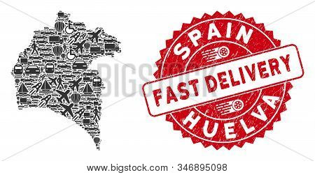Shipment Collage Huelva Province Map And Distressed Stamp Seal With Fast Delivery Text. Huelva Provi