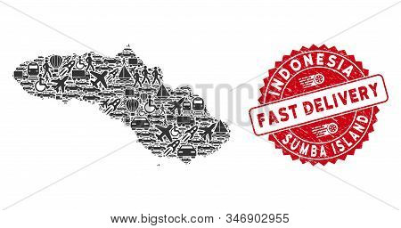 Shipping Collage Sumba Island Map And Rubber Stamp Watermark With Fast Delivery Text. Sumba Island M