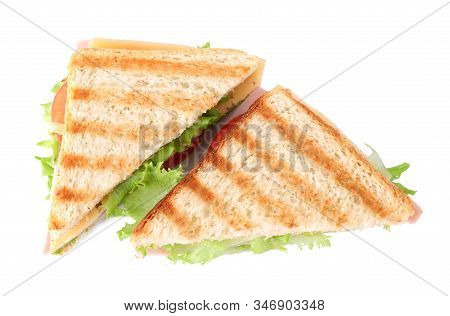 Tasty Sandwich With Ham On White Background, Top View