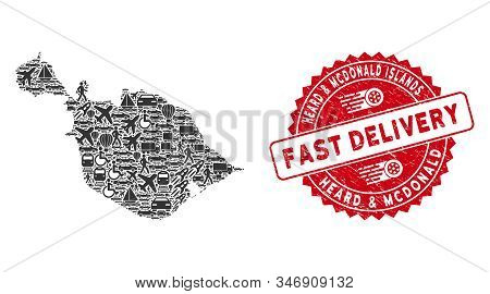 Delivery Mosaic Heard And Mcdonald Islands Map And Corroded Stamp Seal With Fast Delivery Phrase. He