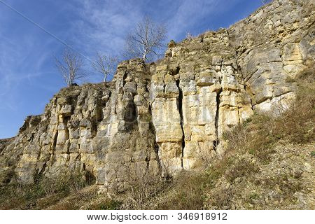 Jurassic Inferior Oolite Limestone Cliff At Salterley (or Wagon) Quarry, Leckhampton Hill, Cheltenha