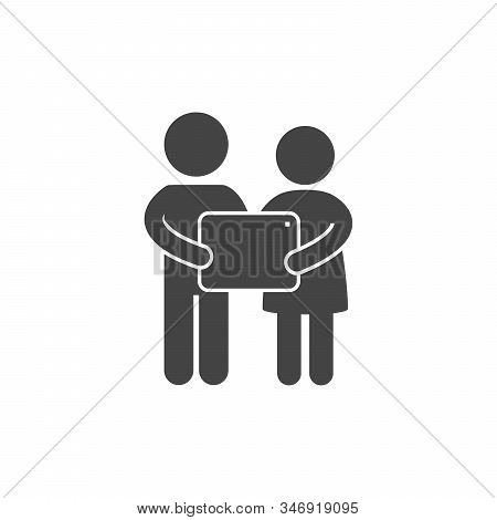 Icon Of Couple Using Gadget. Virtual Communicstion Concept. Stock Vector Illustration Isolated On Wh