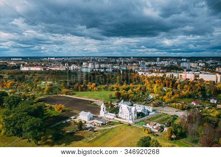 Mahiliou, Belarus. Mogilev Cityscape With Famous Landmark St. Nicholas Monastery. Aerial View Of Sky