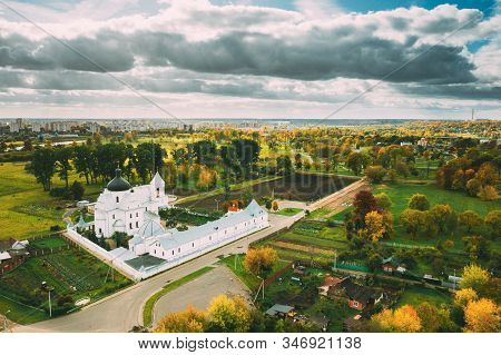 Mahiliou, Belarus. Mogilev Cityscape With Famous Landmark St. Nicholas Monastery. Aerial View Of Sky