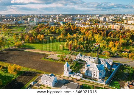 Mahiliou, Belarus. Mogilev Cityscape With Famous Landmark St. Nicholas Monastery. Aerial View Of Sky