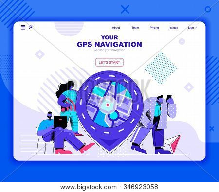 Gps Navigation Landing Page Vector Template. City Map With Pointer Website Header Ui Layout With Fla