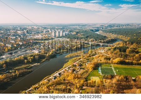 Grodno, Belarus. Aerial Birds-eye View Of Hrodna Cityscape Skyline. Residential District In Sunny Au
