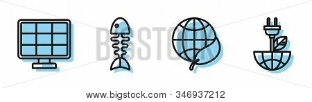 Set Line Earth Globe And Leaf, Solar Energy Panel, Fish Skeleton And Electric Saving Plug In Leaf Ic