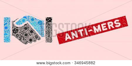 Microbe Collage Acquisition Handshake Icon And Rectangle Corroded Stamp Seal With Anti-mers Phrase. 