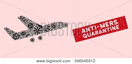 Microbe Mosaic Aiplane Icon And Rectangular Grunge Stamp Seal With Anti-mers Quarantine Caption. Mos
