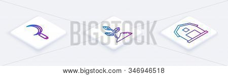 Set Isometric Line Sickle, Sprout And Farm House Concept. White Square Button. Vector