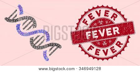 Pandemic Mosaic Dna Spiral Icon And Rounded Rubber Stamp Seal With Fever Phrase. Mosaic Vector Is Cr