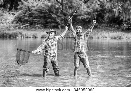 Bearded Men Catching Fish. Master Baiter. Mature Man With Friend Fishing. Summer Vacation. Happy Che