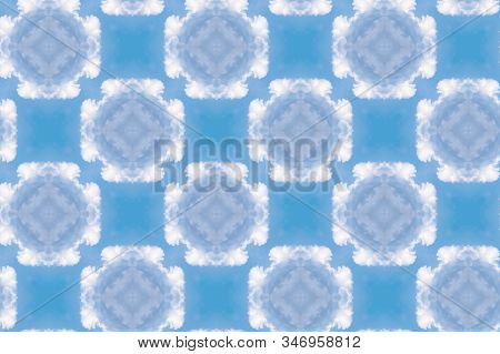 Square Background With Seamless Geometric Pattern. Airy Ornament. Blue And White Cruciform Cloud Pat
