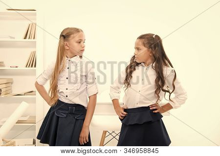 Little Antagonists. Unhappy Small Children Getting Angry With Each Other. Childhood Activities Durin