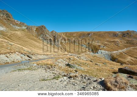 View Of Transalpina Tourist Highway And Plateau In Mountains Of Romania. Tourist Mountain Road. Autu
