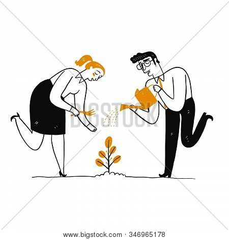 Man Is Watering A Plant And Young Woman Shovels Soil To Grow Tree, Metaphor, Business Concept Growin