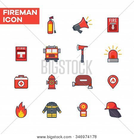 Flat Icon Of Fire Extinguisher, Alarm And Fire Fighting Equipment. Fireman Icon Set With Bold Lines.