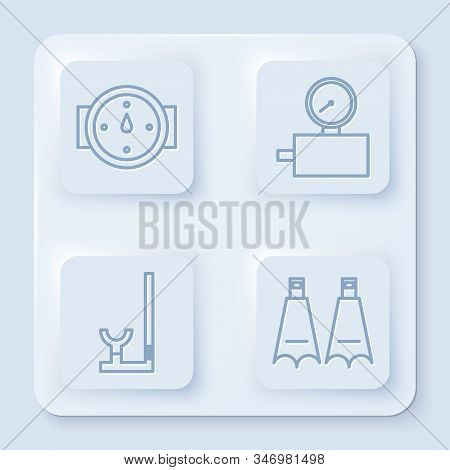 Set Line Wind Rose, Gauge Scale, Snorkel And Rubber Flippers For Swimming. White Square Button. Vect