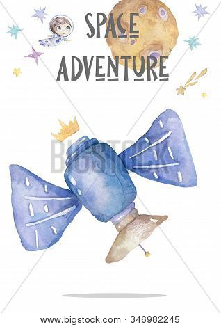 World Space Station Orbiting Around Earth, Cute Watercolor Cartoon Illustration Of Spaceflight, Spac
