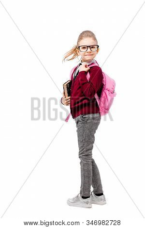 Back To School. Beautiful Little Girl Dressed Like A School Girl - In White Shirt, Red Blouse And Gr