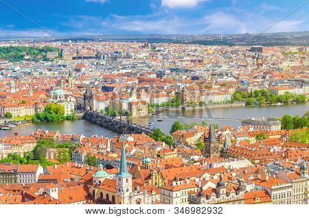 Top Aerial Panoramic View Of Prague Historical City Centre With Red Tiled Roof Buildings In Mala Str