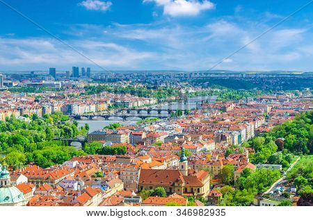 Top Aerial Panoramic View Of Prague Historical City Centre With Red Tiled Roof Buildings In Mala Str
