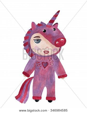 Watercolor Baby In A Horse Unicorn Costume. Cute Unicorn Child Party. Symbol Of Chinese New Year.  C