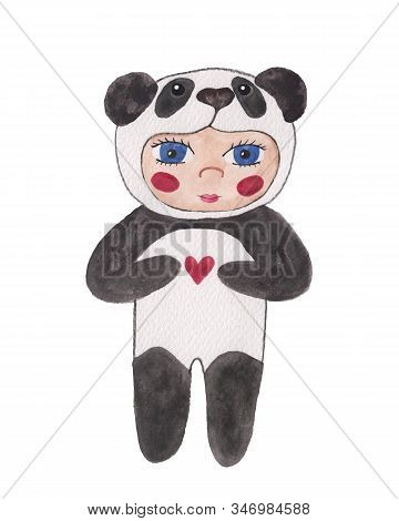 Watercolor Baby In A Panda Costume. Cute Panda Child Party. Symbol Of Chinese New Year.  Costume Pan