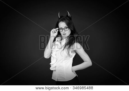 Tricky Business Lady. Girl Red Horns Celebrate Halloween. Carnival Concept. Trick Or Treat. Hallowee