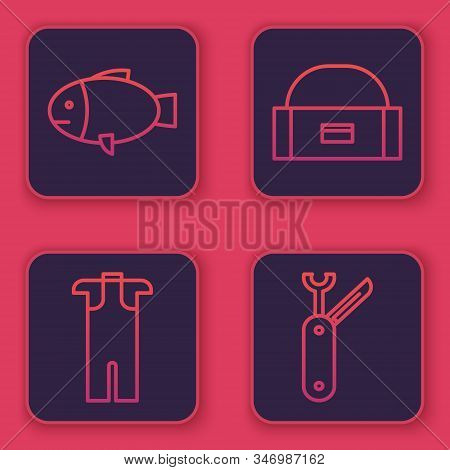 Set Line Fish, Wetsuit For Scuba Diving, Case Or Box Container For Wobbler And Swiss Army Knife. Blu