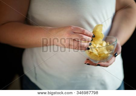 Overweight, Plus Size, Unhealthy Eating, Imbalanced Nutrition. Fat Woman Overeating Junk Food