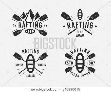Rafting Logo Set With Raft, Crossed Paddles And Mountains Silhouettes. Vintage Typography. Vector Il