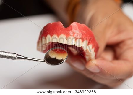 Denture Prosthesis In Doctor Dentist Hands, Checking With Mirror