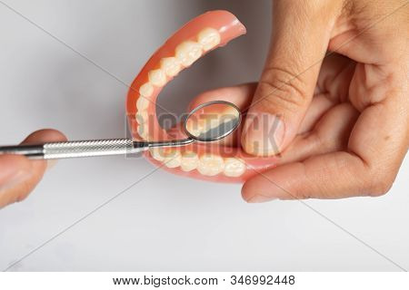 Denture Prosthesis In Doctor Dentist Hands, Checking With Mirror