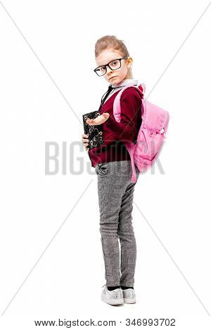Back To School. Beautiful Little Girl Dressed Like A School Girl - In White Shirt, Red Blouse And Gr