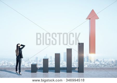 Businesswoman Looking On Stock Chart And Red Arrow In Form Rocket. Megapolis City View Background. S