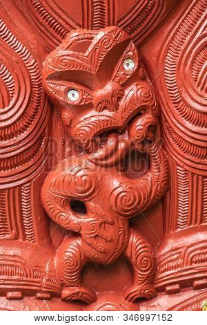Laie, Oahu, Hawaii, Usa. - January 09, 2020: Polynesian Cultural Center. Closeup Of Detail Of Red Wo