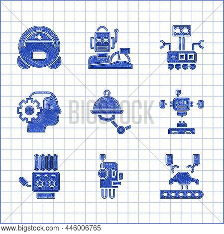 Set Waiter Robot, Robot, Robotic Arm On Factory, Disassembled, Mechanical Hand, Humanoid, And Vacuum