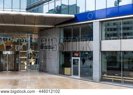 Saint- Josse, Brussels Capital Region - Belgium - 04 26 2021: Entrance Of The Headquarters Of The Eu