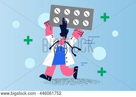Happy Woman Doctor In Medical Uniform Carry Huge Pills Package Help Patient With Covid-19. Smiling F