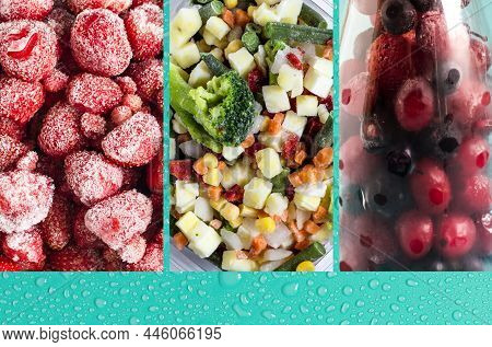 Collage Of Bright Photos Of Fast-frozen Products. The Concept Of Using Quick-frozen Products.