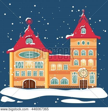 Urban Or Suburban Neighborhood At Night Cartoon Winter Landscape Street With Snow On Roofs, Houses W