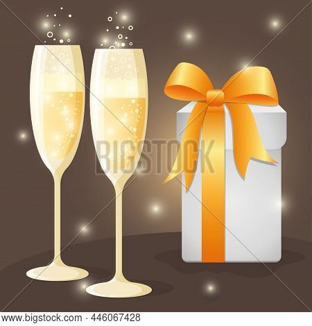 Banner On A Brown Background With Gold. Greeting Card, White Gift Box With A Big Bow On Top, Two Win