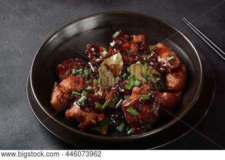 Homemade Filipino Adobo Pork With White Rice. Close-up Shot Of Filipino Style Adobo.