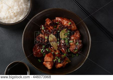Homemade Filipino Adobo Pork With White Rice. Close-up Shot Of Filipino Style Adobo.