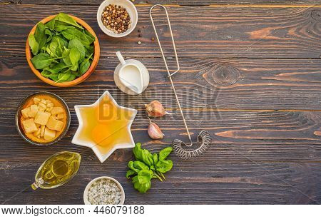 Prepared Ingredients For Cooking Fritata Or Omelet On A Dark Wooden Background. Spinach Recipes. Ita
