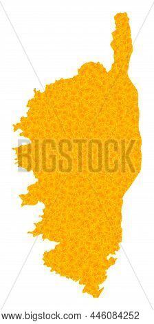 Vector Gold Map Of Corsica. Map Of Corsica Is Isolated On A White Background. Gold Items Mosaic Base